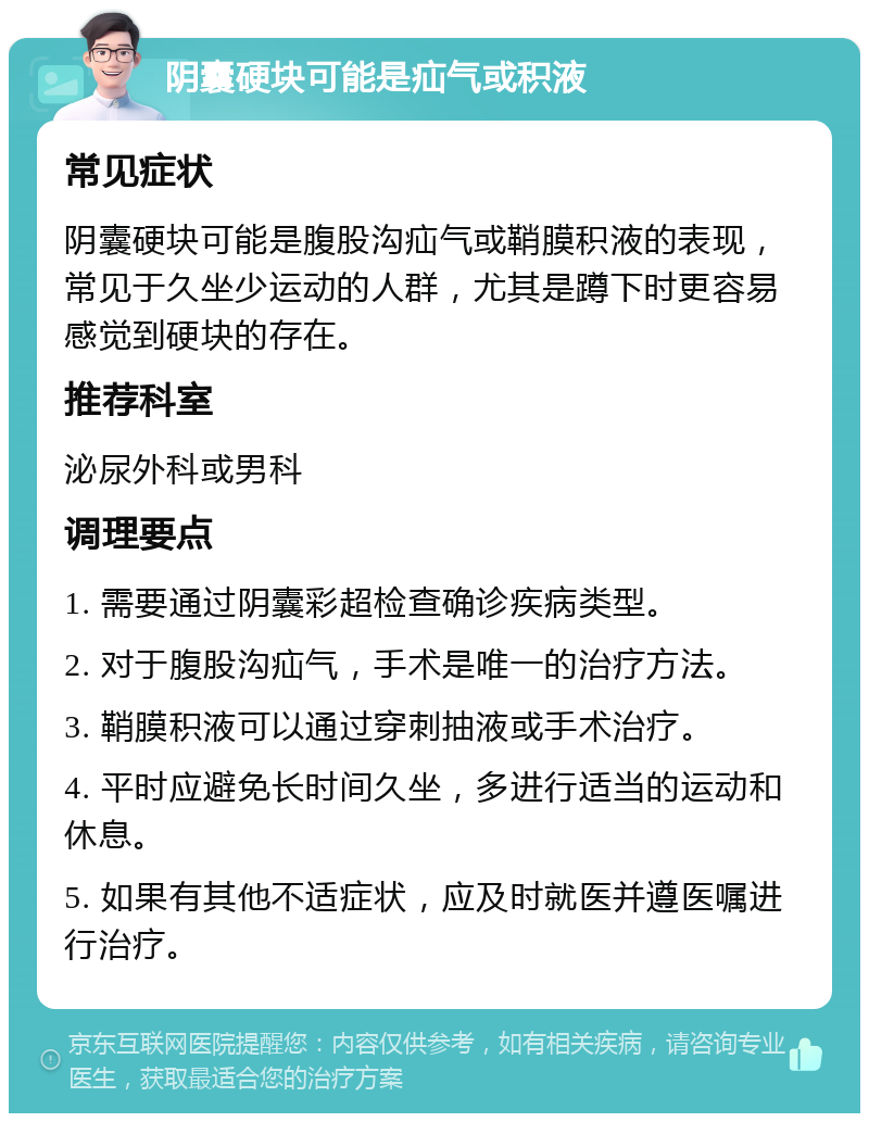 阴囊硬块可能是疝气或积液 常见症状 阴囊硬块可能是腹股沟疝气或鞘膜积液的表现，常见于久坐少运动的人群，尤其是蹲下时更容易感觉到硬块的存在。 推荐科室 泌尿外科或男科 调理要点 1. 需要通过阴囊彩超检查确诊疾病类型。 2. 对于腹股沟疝气，手术是唯一的治疗方法。 3. 鞘膜积液可以通过穿刺抽液或手术治疗。 4. 平时应避免长时间久坐，多进行适当的运动和休息。 5. 如果有其他不适症状，应及时就医并遵医嘱进行治疗。