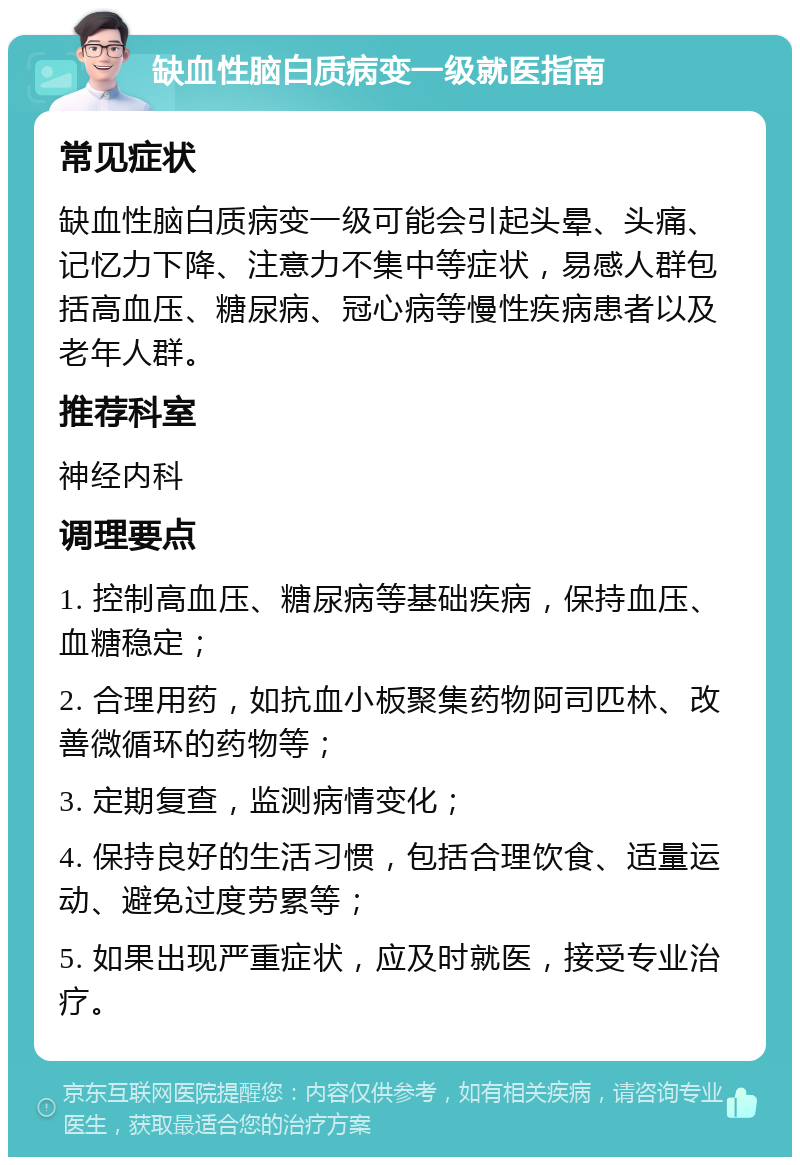 缺血性脑白质病变一级就医指南 常见症状 缺血性脑白质病变一级可能会引起头晕、头痛、记忆力下降、注意力不集中等症状，易感人群包括高血压、糖尿病、冠心病等慢性疾病患者以及老年人群。 推荐科室 神经内科 调理要点 1. 控制高血压、糖尿病等基础疾病，保持血压、血糖稳定； 2. 合理用药，如抗血小板聚集药物阿司匹林、改善微循环的药物等； 3. 定期复查，监测病情变化； 4. 保持良好的生活习惯，包括合理饮食、适量运动、避免过度劳累等； 5. 如果出现严重症状，应及时就医，接受专业治疗。