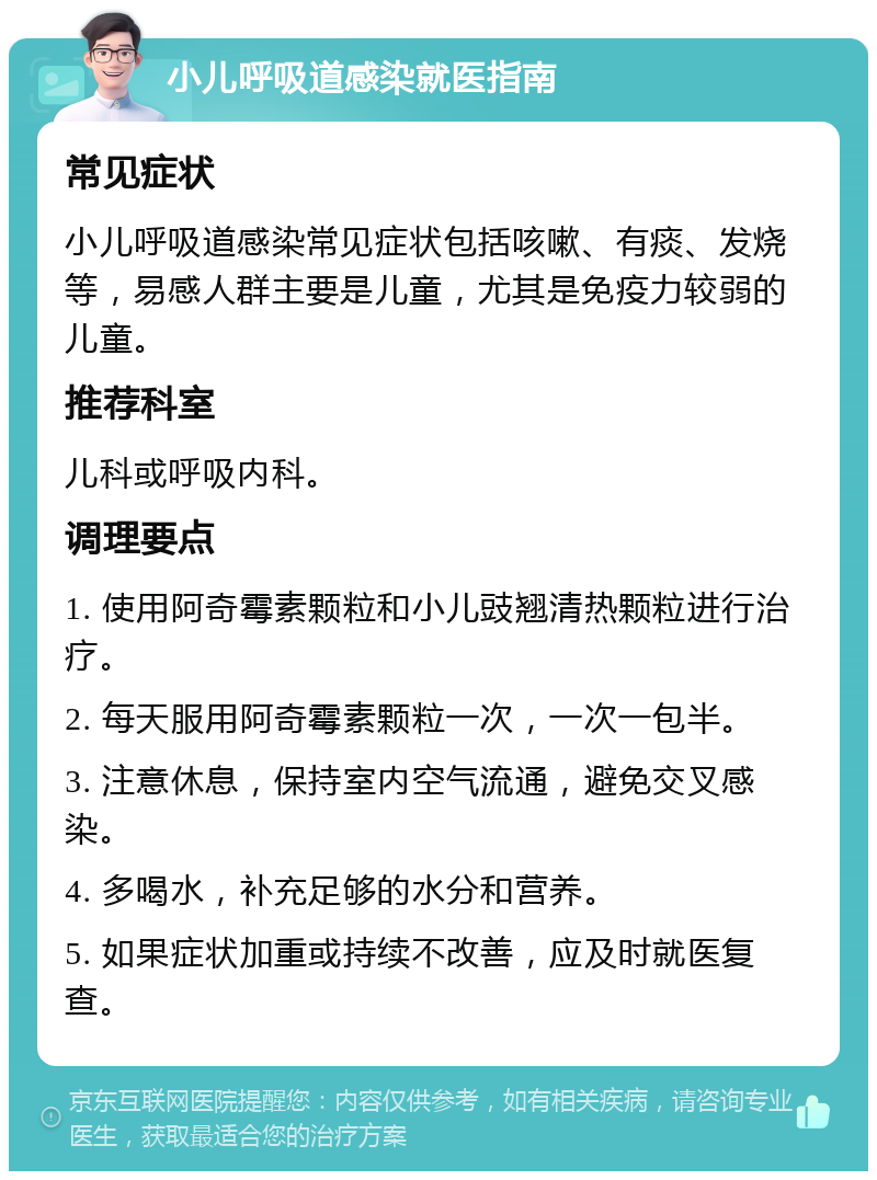 小儿呼吸道感染就医指南 常见症状 小儿呼吸道感染常见症状包括咳嗽、有痰、发烧等，易感人群主要是儿童，尤其是免疫力较弱的儿童。 推荐科室 儿科或呼吸内科。 调理要点 1. 使用阿奇霉素颗粒和小儿豉翘清热颗粒进行治疗。 2. 每天服用阿奇霉素颗粒一次，一次一包半。 3. 注意休息，保持室内空气流通，避免交叉感染。 4. 多喝水，补充足够的水分和营养。 5. 如果症状加重或持续不改善，应及时就医复查。