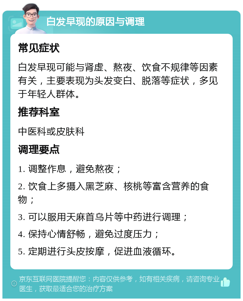 白发早现的原因与调理 常见症状 白发早现可能与肾虚、熬夜、饮食不规律等因素有关，主要表现为头发变白、脱落等症状，多见于年轻人群体。 推荐科室 中医科或皮肤科 调理要点 1. 调整作息，避免熬夜； 2. 饮食上多摄入黑芝麻、核桃等富含营养的食物； 3. 可以服用天麻首乌片等中药进行调理； 4. 保持心情舒畅，避免过度压力； 5. 定期进行头皮按摩，促进血液循环。