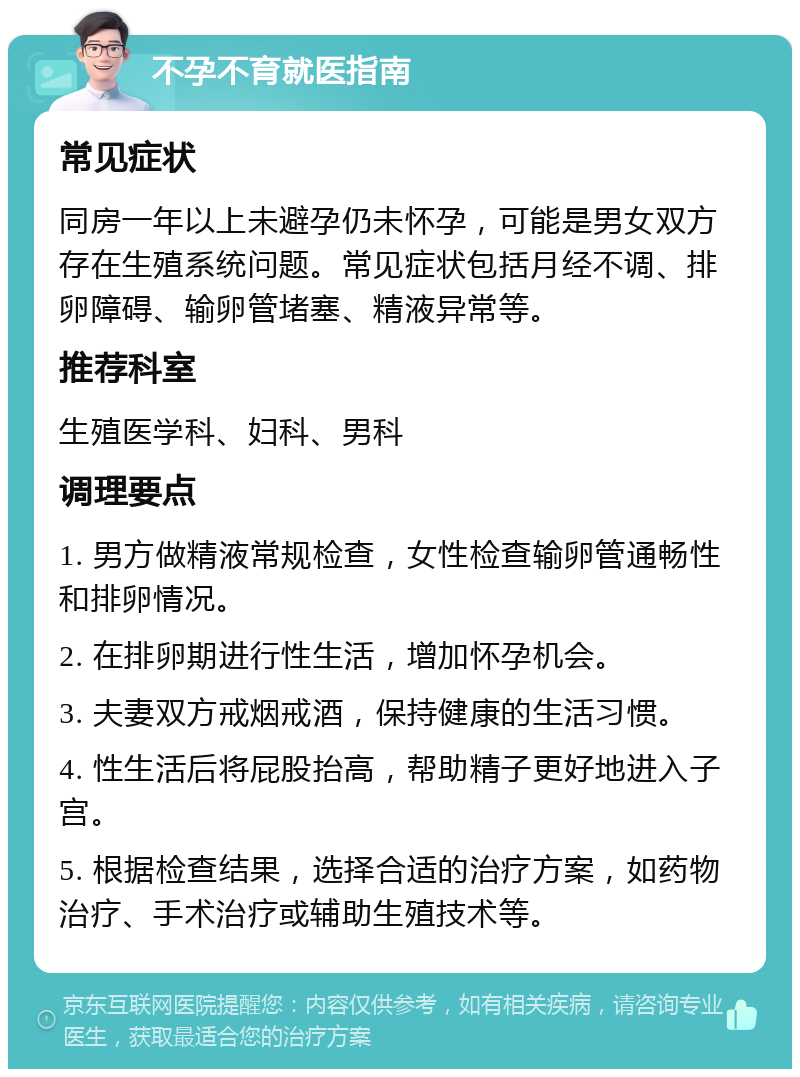 不孕不育就医指南 常见症状 同房一年以上未避孕仍未怀孕，可能是男女双方存在生殖系统问题。常见症状包括月经不调、排卵障碍、输卵管堵塞、精液异常等。 推荐科室 生殖医学科、妇科、男科 调理要点 1. 男方做精液常规检查，女性检查输卵管通畅性和排卵情况。 2. 在排卵期进行性生活，增加怀孕机会。 3. 夫妻双方戒烟戒酒，保持健康的生活习惯。 4. 性生活后将屁股抬高，帮助精子更好地进入子宫。 5. 根据检查结果，选择合适的治疗方案，如药物治疗、手术治疗或辅助生殖技术等。