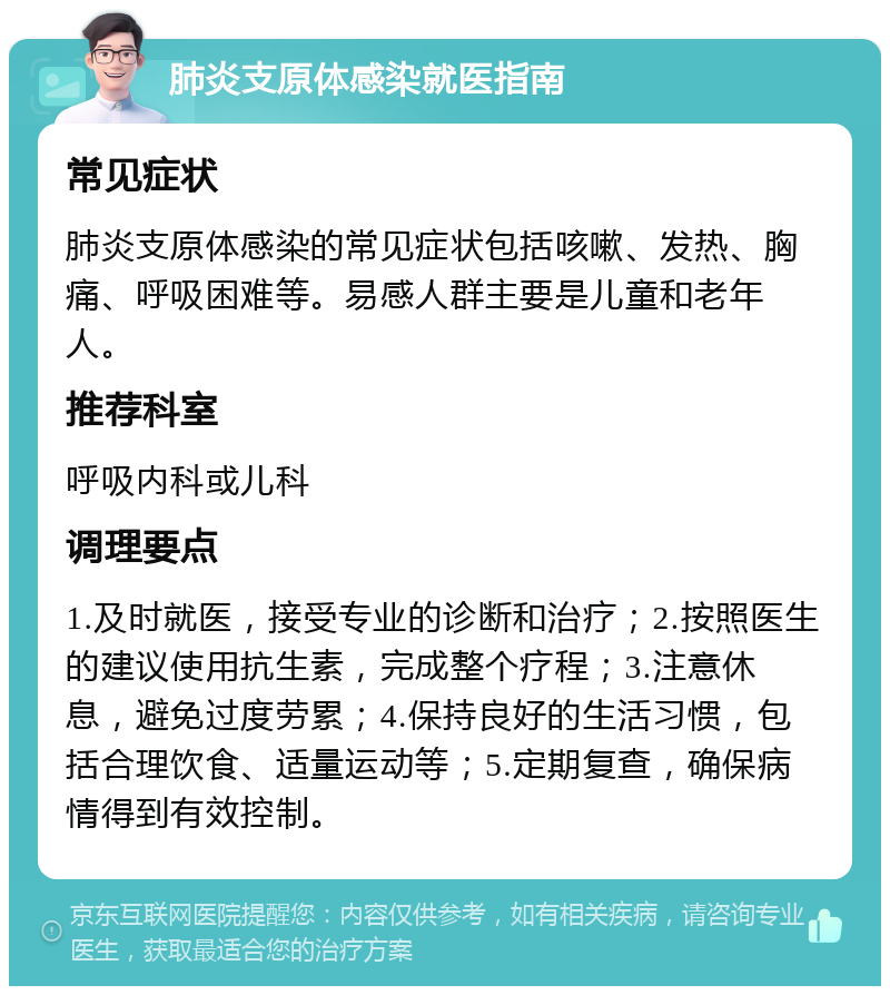 肺炎支原体感染就医指南 常见症状 肺炎支原体感染的常见症状包括咳嗽、发热、胸痛、呼吸困难等。易感人群主要是儿童和老年人。 推荐科室 呼吸内科或儿科 调理要点 1.及时就医，接受专业的诊断和治疗；2.按照医生的建议使用抗生素，完成整个疗程；3.注意休息，避免过度劳累；4.保持良好的生活习惯，包括合理饮食、适量运动等；5.定期复查，确保病情得到有效控制。