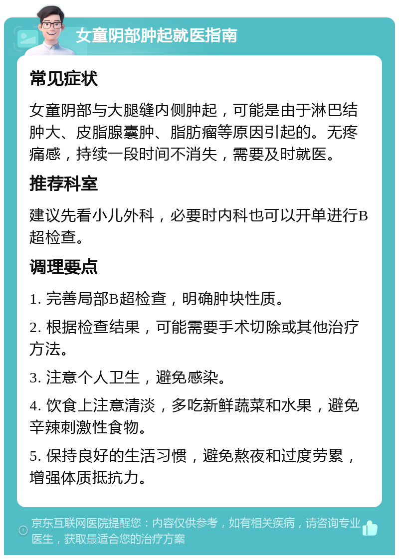 女童阴部肿起就医指南 常见症状 女童阴部与大腿缝内侧肿起，可能是由于淋巴结肿大、皮脂腺囊肿、脂肪瘤等原因引起的。无疼痛感，持续一段时间不消失，需要及时就医。 推荐科室 建议先看小儿外科，必要时内科也可以开单进行B超检查。 调理要点 1. 完善局部B超检查，明确肿块性质。 2. 根据检查结果，可能需要手术切除或其他治疗方法。 3. 注意个人卫生，避免感染。 4. 饮食上注意清淡，多吃新鲜蔬菜和水果，避免辛辣刺激性食物。 5. 保持良好的生活习惯，避免熬夜和过度劳累，增强体质抵抗力。