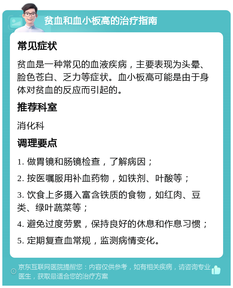 贫血和血小板高的治疗指南 常见症状 贫血是一种常见的血液疾病，主要表现为头晕、脸色苍白、乏力等症状。血小板高可能是由于身体对贫血的反应而引起的。 推荐科室 消化科 调理要点 1. 做胃镜和肠镜检查，了解病因； 2. 按医嘱服用补血药物，如铁剂、叶酸等； 3. 饮食上多摄入富含铁质的食物，如红肉、豆类、绿叶蔬菜等； 4. 避免过度劳累，保持良好的休息和作息习惯； 5. 定期复查血常规，监测病情变化。