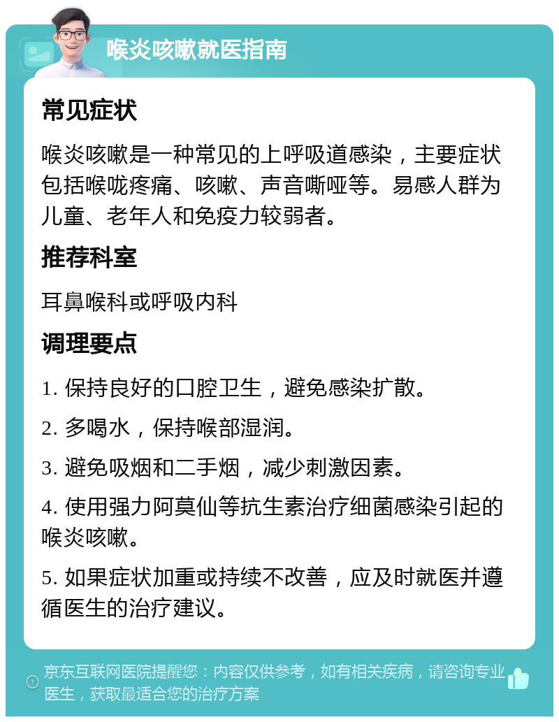 喉炎咳嗽就医指南 常见症状 喉炎咳嗽是一种常见的上呼吸道感染，主要症状包括喉咙疼痛、咳嗽、声音嘶哑等。易感人群为儿童、老年人和免疫力较弱者。 推荐科室 耳鼻喉科或呼吸内科 调理要点 1. 保持良好的口腔卫生，避免感染扩散。 2. 多喝水，保持喉部湿润。 3. 避免吸烟和二手烟，减少刺激因素。 4. 使用强力阿莫仙等抗生素治疗细菌感染引起的喉炎咳嗽。 5. 如果症状加重或持续不改善，应及时就医并遵循医生的治疗建议。