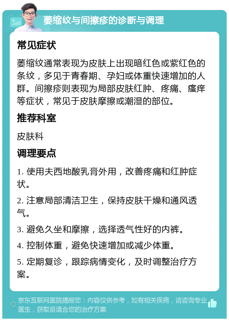 萎缩纹与间擦疹的诊断与调理 常见症状 萎缩纹通常表现为皮肤上出现暗红色或紫红色的条纹，多见于青春期、孕妇或体重快速增加的人群。间擦疹则表现为局部皮肤红肿、疼痛、瘙痒等症状，常见于皮肤摩擦或潮湿的部位。 推荐科室 皮肤科 调理要点 1. 使用夫西地酸乳膏外用，改善疼痛和红肿症状。 2. 注意局部清洁卫生，保持皮肤干燥和通风透气。 3. 避免久坐和摩擦，选择透气性好的内裤。 4. 控制体重，避免快速增加或减少体重。 5. 定期复诊，跟踪病情变化，及时调整治疗方案。