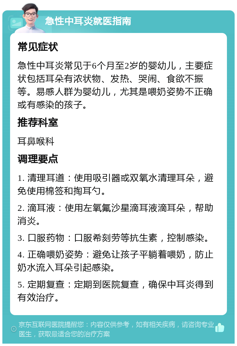 急性中耳炎就医指南 常见症状 急性中耳炎常见于6个月至2岁的婴幼儿，主要症状包括耳朵有浓状物、发热、哭闹、食欲不振等。易感人群为婴幼儿，尤其是喂奶姿势不正确或有感染的孩子。 推荐科室 耳鼻喉科 调理要点 1. 清理耳道：使用吸引器或双氧水清理耳朵，避免使用棉签和掏耳勺。 2. 滴耳液：使用左氧氟沙星滴耳液滴耳朵，帮助消炎。 3. 口服药物：口服希刻劳等抗生素，控制感染。 4. 正确喂奶姿势：避免让孩子平躺着喂奶，防止奶水流入耳朵引起感染。 5. 定期复查：定期到医院复查，确保中耳炎得到有效治疗。