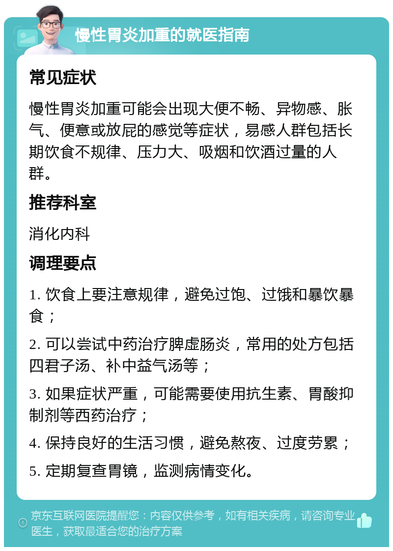 慢性胃炎加重的就医指南 常见症状 慢性胃炎加重可能会出现大便不畅、异物感、胀气、便意或放屁的感觉等症状，易感人群包括长期饮食不规律、压力大、吸烟和饮酒过量的人群。 推荐科室 消化内科 调理要点 1. 饮食上要注意规律，避免过饱、过饿和暴饮暴食； 2. 可以尝试中药治疗脾虚肠炎，常用的处方包括四君子汤、补中益气汤等； 3. 如果症状严重，可能需要使用抗生素、胃酸抑制剂等西药治疗； 4. 保持良好的生活习惯，避免熬夜、过度劳累； 5. 定期复查胃镜，监测病情变化。