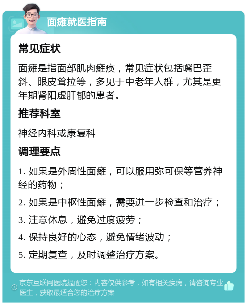 面瘫就医指南 常见症状 面瘫是指面部肌肉瘫痪，常见症状包括嘴巴歪斜、眼皮耸拉等，多见于中老年人群，尤其是更年期肾阳虚肝郁的患者。 推荐科室 神经内科或康复科 调理要点 1. 如果是外周性面瘫，可以服用弥可保等营养神经的药物； 2. 如果是中枢性面瘫，需要进一步检查和治疗； 3. 注意休息，避免过度疲劳； 4. 保持良好的心态，避免情绪波动； 5. 定期复查，及时调整治疗方案。