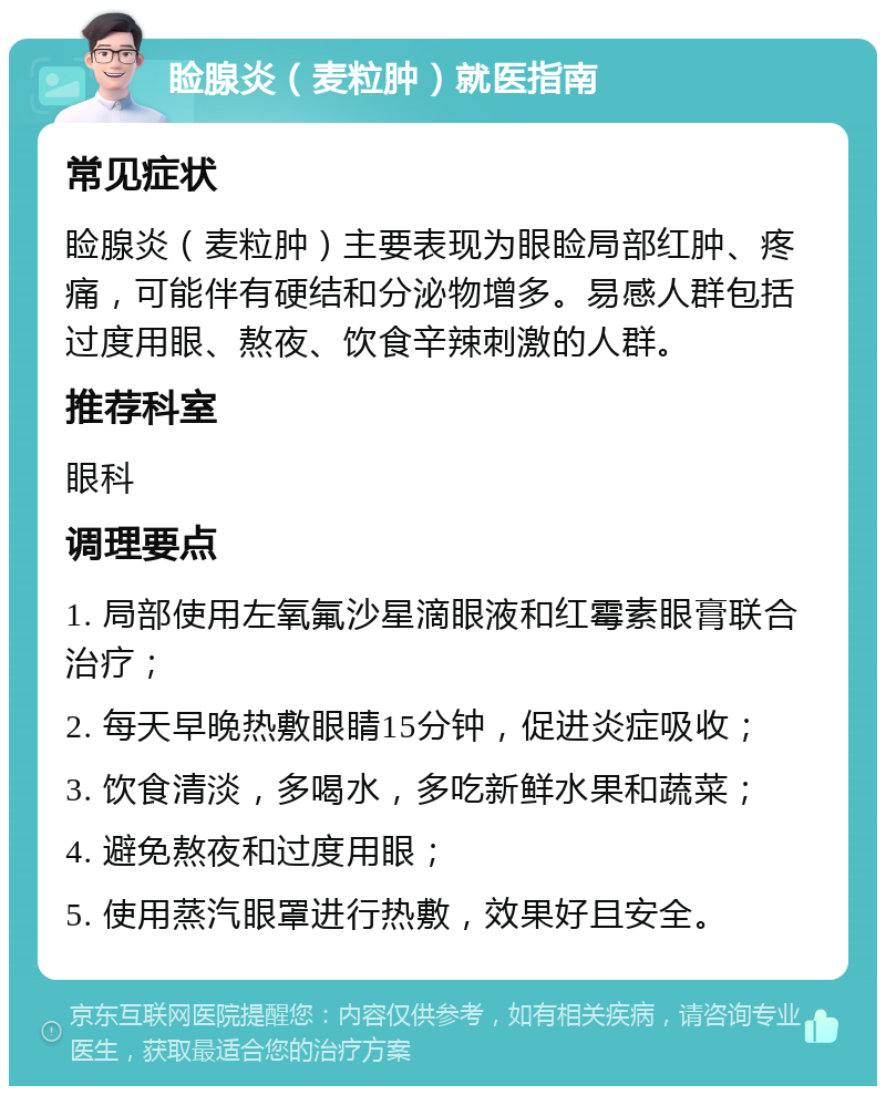 睑腺炎（麦粒肿）就医指南 常见症状 睑腺炎（麦粒肿）主要表现为眼睑局部红肿、疼痛，可能伴有硬结和分泌物增多。易感人群包括过度用眼、熬夜、饮食辛辣刺激的人群。 推荐科室 眼科 调理要点 1. 局部使用左氧氟沙星滴眼液和红霉素眼膏联合治疗； 2. 每天早晚热敷眼睛15分钟，促进炎症吸收； 3. 饮食清淡，多喝水，多吃新鲜水果和蔬菜； 4. 避免熬夜和过度用眼； 5. 使用蒸汽眼罩进行热敷，效果好且安全。