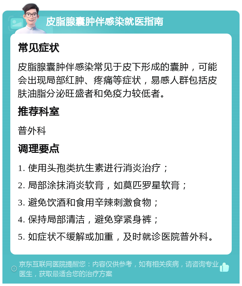 皮脂腺囊肿伴感染就医指南 常见症状 皮脂腺囊肿伴感染常见于皮下形成的囊肿，可能会出现局部红肿、疼痛等症状，易感人群包括皮肤油脂分泌旺盛者和免疫力较低者。 推荐科室 普外科 调理要点 1. 使用头孢类抗生素进行消炎治疗； 2. 局部涂抹消炎软膏，如莫匹罗星软膏； 3. 避免饮酒和食用辛辣刺激食物； 4. 保持局部清洁，避免穿紧身裤； 5. 如症状不缓解或加重，及时就诊医院普外科。