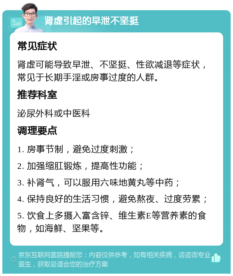 肾虚引起的早泄不坚挺 常见症状 肾虚可能导致早泄、不坚挺、性欲减退等症状，常见于长期手淫或房事过度的人群。 推荐科室 泌尿外科或中医科 调理要点 1. 房事节制，避免过度刺激； 2. 加强缩肛锻炼，提高性功能； 3. 补肾气，可以服用六味地黄丸等中药； 4. 保持良好的生活习惯，避免熬夜、过度劳累； 5. 饮食上多摄入富含锌、维生素E等营养素的食物，如海鲜、坚果等。