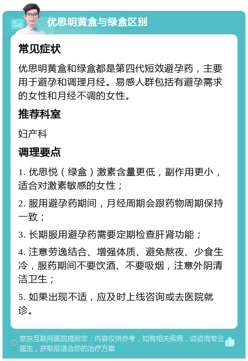 优思明黄盒与绿盒区别 常见症状 优思明黄盒和绿盒都是第四代短效避孕药，主要用于避孕和调理月经。易感人群包括有避孕需求的女性和月经不调的女性。 推荐科室 妇产科 调理要点 1. 优思悦（绿盒）激素含量更低，副作用更小，适合对激素敏感的女性； 2. 服用避孕药期间，月经周期会跟药物周期保持一致； 3. 长期服用避孕药需要定期检查肝肾功能； 4. 注意劳逸结合、增强体质、避免熬夜、少食生冷，服药期间不要饮酒、不要吸烟，注意外阴清洁卫生； 5. 如果出现不适，应及时上线咨询或去医院就诊。