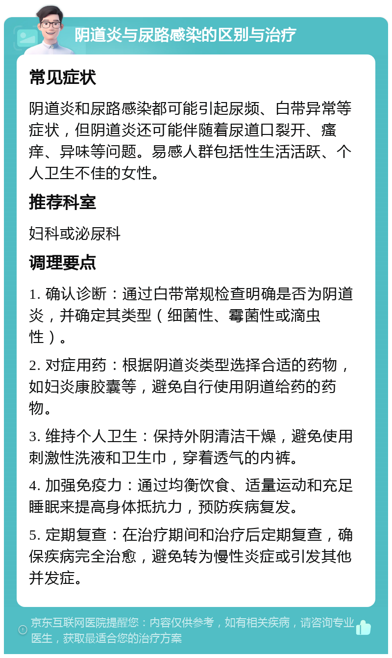 阴道炎与尿路感染的区别与治疗 常见症状 阴道炎和尿路感染都可能引起尿频、白带异常等症状，但阴道炎还可能伴随着尿道口裂开、瘙痒、异味等问题。易感人群包括性生活活跃、个人卫生不佳的女性。 推荐科室 妇科或泌尿科 调理要点 1. 确认诊断：通过白带常规检查明确是否为阴道炎，并确定其类型（细菌性、霉菌性或滴虫性）。 2. 对症用药：根据阴道炎类型选择合适的药物，如妇炎康胶囊等，避免自行使用阴道给药的药物。 3. 维持个人卫生：保持外阴清洁干燥，避免使用刺激性洗液和卫生巾，穿着透气的内裤。 4. 加强免疫力：通过均衡饮食、适量运动和充足睡眠来提高身体抵抗力，预防疾病复发。 5. 定期复查：在治疗期间和治疗后定期复查，确保疾病完全治愈，避免转为慢性炎症或引发其他并发症。