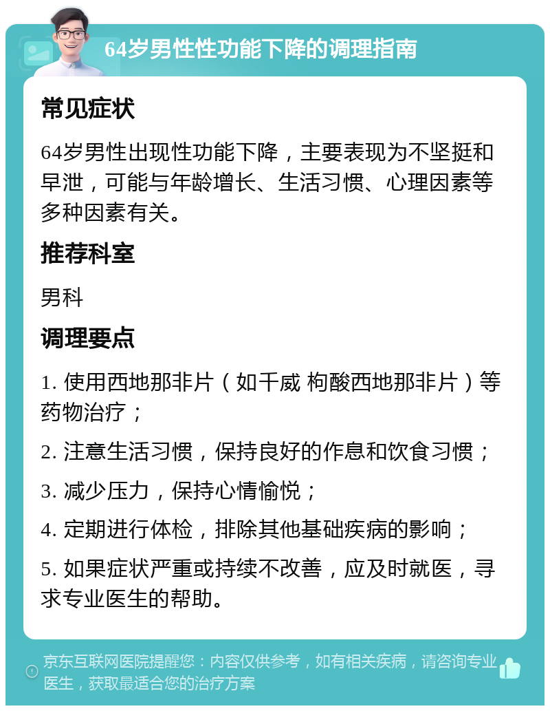 64岁男性性功能下降的调理指南 常见症状 64岁男性出现性功能下降，主要表现为不坚挺和早泄，可能与年龄增长、生活习惯、心理因素等多种因素有关。 推荐科室 男科 调理要点 1. 使用西地那非片（如千威 枸酸西地那非片）等药物治疗； 2. 注意生活习惯，保持良好的作息和饮食习惯； 3. 减少压力，保持心情愉悦； 4. 定期进行体检，排除其他基础疾病的影响； 5. 如果症状严重或持续不改善，应及时就医，寻求专业医生的帮助。