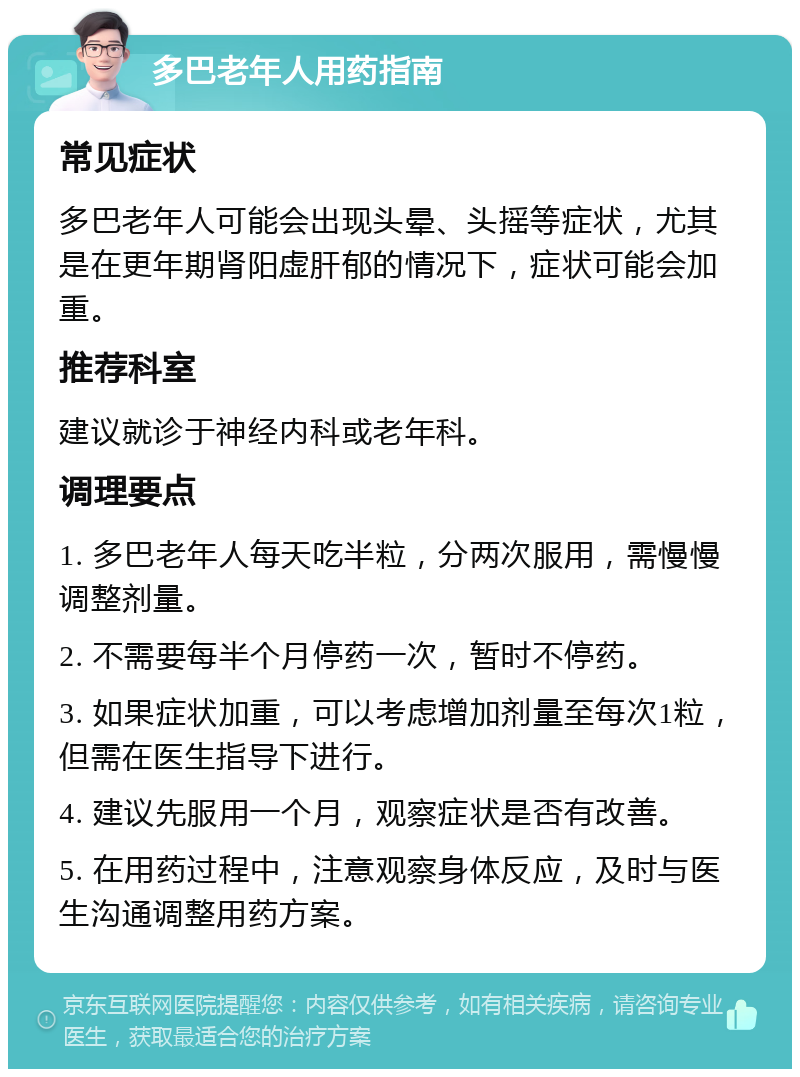 多巴老年人用药指南 常见症状 多巴老年人可能会出现头晕、头摇等症状，尤其是在更年期肾阳虚肝郁的情况下，症状可能会加重。 推荐科室 建议就诊于神经内科或老年科。 调理要点 1. 多巴老年人每天吃半粒，分两次服用，需慢慢调整剂量。 2. 不需要每半个月停药一次，暂时不停药。 3. 如果症状加重，可以考虑增加剂量至每次1粒，但需在医生指导下进行。 4. 建议先服用一个月，观察症状是否有改善。 5. 在用药过程中，注意观察身体反应，及时与医生沟通调整用药方案。