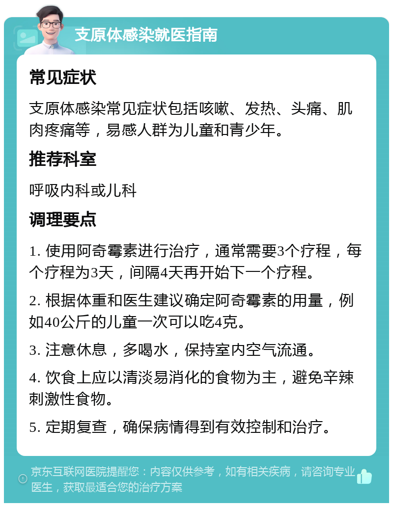 支原体感染就医指南 常见症状 支原体感染常见症状包括咳嗽、发热、头痛、肌肉疼痛等，易感人群为儿童和青少年。 推荐科室 呼吸内科或儿科 调理要点 1. 使用阿奇霉素进行治疗，通常需要3个疗程，每个疗程为3天，间隔4天再开始下一个疗程。 2. 根据体重和医生建议确定阿奇霉素的用量，例如40公斤的儿童一次可以吃4克。 3. 注意休息，多喝水，保持室内空气流通。 4. 饮食上应以清淡易消化的食物为主，避免辛辣刺激性食物。 5. 定期复查，确保病情得到有效控制和治疗。