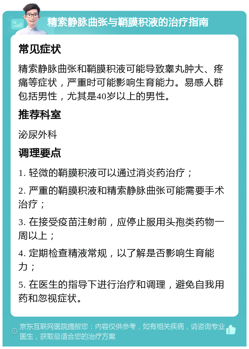 精索静脉曲张与鞘膜积液的治疗指南 常见症状 精索静脉曲张和鞘膜积液可能导致睾丸肿大、疼痛等症状，严重时可能影响生育能力。易感人群包括男性，尤其是40岁以上的男性。 推荐科室 泌尿外科 调理要点 1. 轻微的鞘膜积液可以通过消炎药治疗； 2. 严重的鞘膜积液和精索静脉曲张可能需要手术治疗； 3. 在接受疫苗注射前，应停止服用头孢类药物一周以上； 4. 定期检查精液常规，以了解是否影响生育能力； 5. 在医生的指导下进行治疗和调理，避免自我用药和忽视症状。