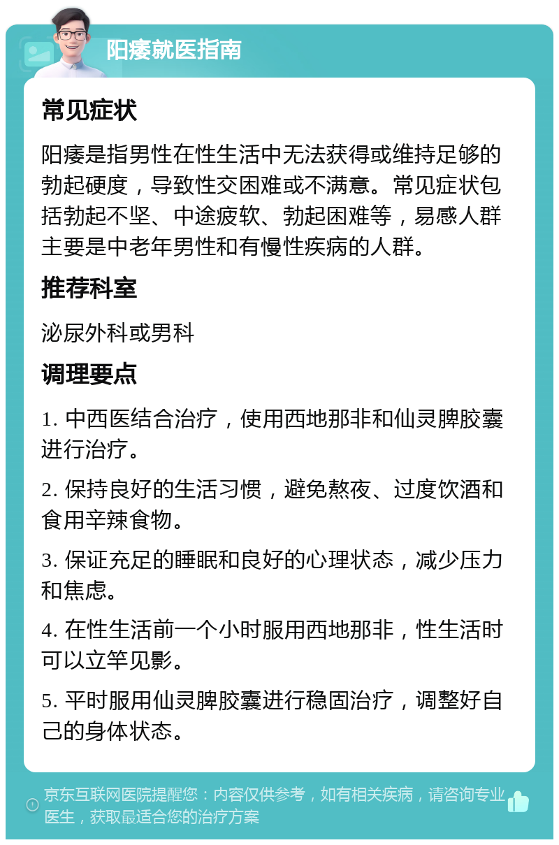 阳痿就医指南 常见症状 阳痿是指男性在性生活中无法获得或维持足够的勃起硬度，导致性交困难或不满意。常见症状包括勃起不坚、中途疲软、勃起困难等，易感人群主要是中老年男性和有慢性疾病的人群。 推荐科室 泌尿外科或男科 调理要点 1. 中西医结合治疗，使用西地那非和仙灵脾胶囊进行治疗。 2. 保持良好的生活习惯，避免熬夜、过度饮酒和食用辛辣食物。 3. 保证充足的睡眠和良好的心理状态，减少压力和焦虑。 4. 在性生活前一个小时服用西地那非，性生活时可以立竿见影。 5. 平时服用仙灵脾胶囊进行稳固治疗，调整好自己的身体状态。