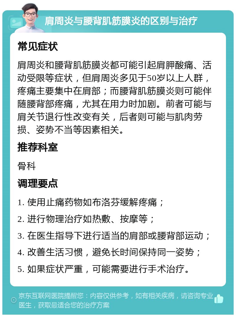 肩周炎与腰背肌筋膜炎的区别与治疗 常见症状 肩周炎和腰背肌筋膜炎都可能引起肩胛酸痛、活动受限等症状，但肩周炎多见于50岁以上人群，疼痛主要集中在肩部；而腰背肌筋膜炎则可能伴随腰背部疼痛，尤其在用力时加剧。前者可能与肩关节退行性改变有关，后者则可能与肌肉劳损、姿势不当等因素相关。 推荐科室 骨科 调理要点 1. 使用止痛药物如布洛芬缓解疼痛； 2. 进行物理治疗如热敷、按摩等； 3. 在医生指导下进行适当的肩部或腰背部运动； 4. 改善生活习惯，避免长时间保持同一姿势； 5. 如果症状严重，可能需要进行手术治疗。