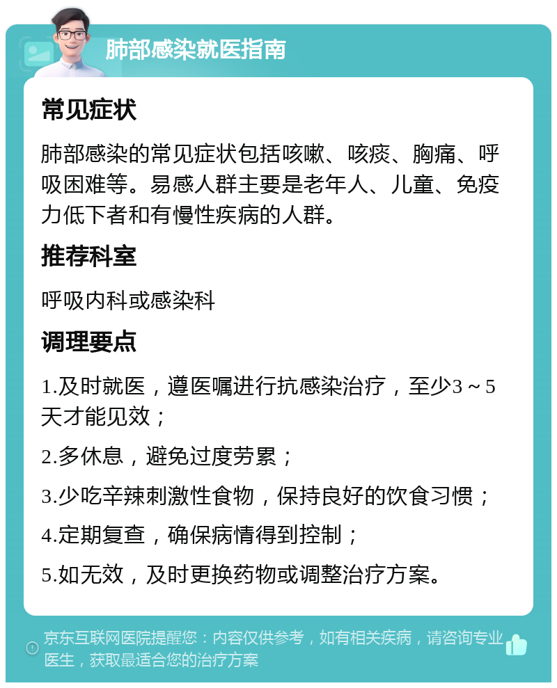 肺部感染就医指南 常见症状 肺部感染的常见症状包括咳嗽、咳痰、胸痛、呼吸困难等。易感人群主要是老年人、儿童、免疫力低下者和有慢性疾病的人群。 推荐科室 呼吸内科或感染科 调理要点 1.及时就医，遵医嘱进行抗感染治疗，至少3～5天才能见效； 2.多休息，避免过度劳累； 3.少吃辛辣刺激性食物，保持良好的饮食习惯； 4.定期复查，确保病情得到控制； 5.如无效，及时更换药物或调整治疗方案。