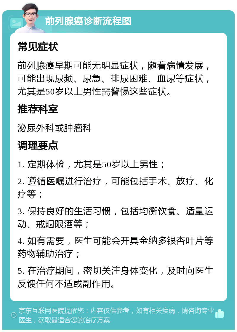 前列腺癌诊断流程图 常见症状 前列腺癌早期可能无明显症状，随着病情发展，可能出现尿频、尿急、排尿困难、血尿等症状，尤其是50岁以上男性需警惕这些症状。 推荐科室 泌尿外科或肿瘤科 调理要点 1. 定期体检，尤其是50岁以上男性； 2. 遵循医嘱进行治疗，可能包括手术、放疗、化疗等； 3. 保持良好的生活习惯，包括均衡饮食、适量运动、戒烟限酒等； 4. 如有需要，医生可能会开具金纳多银杏叶片等药物辅助治疗； 5. 在治疗期间，密切关注身体变化，及时向医生反馈任何不适或副作用。