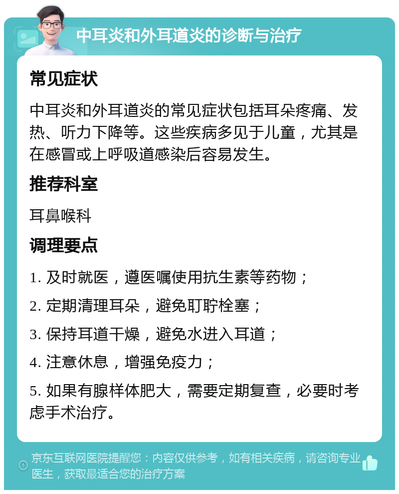 中耳炎和外耳道炎的诊断与治疗 常见症状 中耳炎和外耳道炎的常见症状包括耳朵疼痛、发热、听力下降等。这些疾病多见于儿童，尤其是在感冒或上呼吸道感染后容易发生。 推荐科室 耳鼻喉科 调理要点 1. 及时就医，遵医嘱使用抗生素等药物； 2. 定期清理耳朵，避免耵聍栓塞； 3. 保持耳道干燥，避免水进入耳道； 4. 注意休息，增强免疫力； 5. 如果有腺样体肥大，需要定期复查，必要时考虑手术治疗。