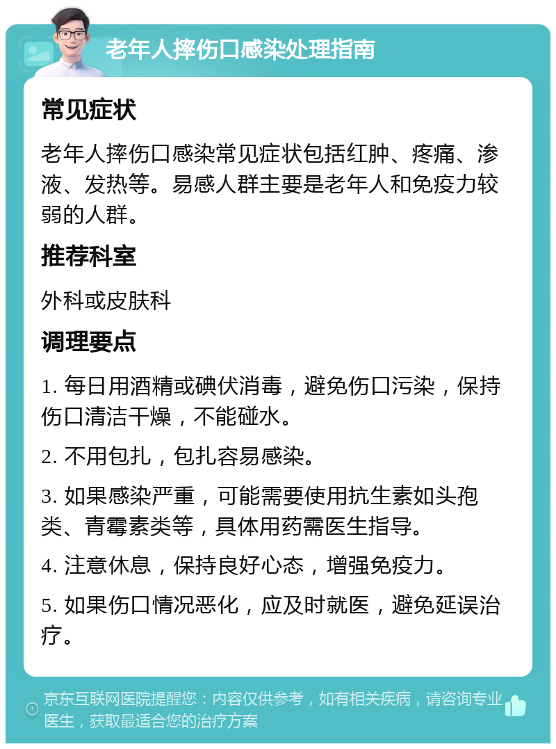 老年人摔伤口感染处理指南 常见症状 老年人摔伤口感染常见症状包括红肿、疼痛、渗液、发热等。易感人群主要是老年人和免疫力较弱的人群。 推荐科室 外科或皮肤科 调理要点 1. 每日用酒精或碘伏消毒，避免伤口污染，保持伤口清洁干燥，不能碰水。 2. 不用包扎，包扎容易感染。 3. 如果感染严重，可能需要使用抗生素如头孢类、青霉素类等，具体用药需医生指导。 4. 注意休息，保持良好心态，增强免疫力。 5. 如果伤口情况恶化，应及时就医，避免延误治疗。