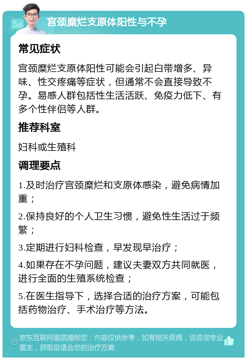 宫颈糜烂支原体阳性与不孕 常见症状 宫颈糜烂支原体阳性可能会引起白带增多、异味、性交疼痛等症状，但通常不会直接导致不孕。易感人群包括性生活活跃、免疫力低下、有多个性伴侣等人群。 推荐科室 妇科或生殖科 调理要点 1.及时治疗宫颈糜烂和支原体感染，避免病情加重； 2.保持良好的个人卫生习惯，避免性生活过于频繁； 3.定期进行妇科检查，早发现早治疗； 4.如果存在不孕问题，建议夫妻双方共同就医，进行全面的生殖系统检查； 5.在医生指导下，选择合适的治疗方案，可能包括药物治疗、手术治疗等方法。