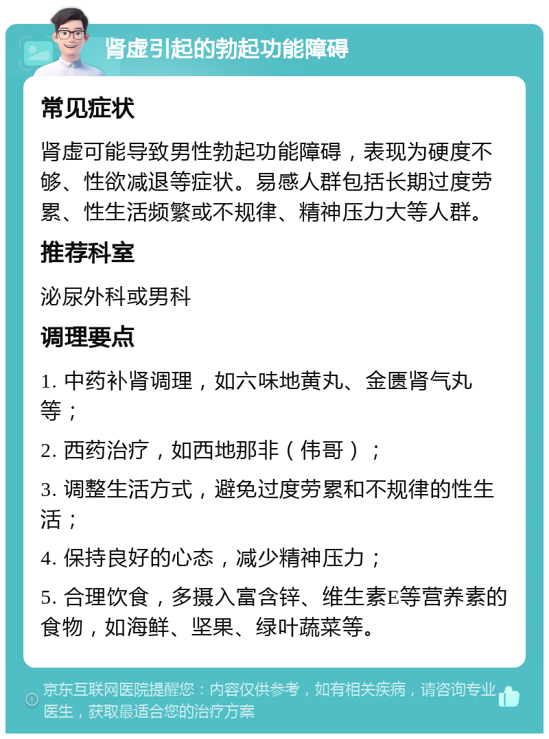 肾虚引起的勃起功能障碍 常见症状 肾虚可能导致男性勃起功能障碍，表现为硬度不够、性欲减退等症状。易感人群包括长期过度劳累、性生活频繁或不规律、精神压力大等人群。 推荐科室 泌尿外科或男科 调理要点 1. 中药补肾调理，如六味地黄丸、金匮肾气丸等； 2. 西药治疗，如西地那非（伟哥）； 3. 调整生活方式，避免过度劳累和不规律的性生活； 4. 保持良好的心态，减少精神压力； 5. 合理饮食，多摄入富含锌、维生素E等营养素的食物，如海鲜、坚果、绿叶蔬菜等。