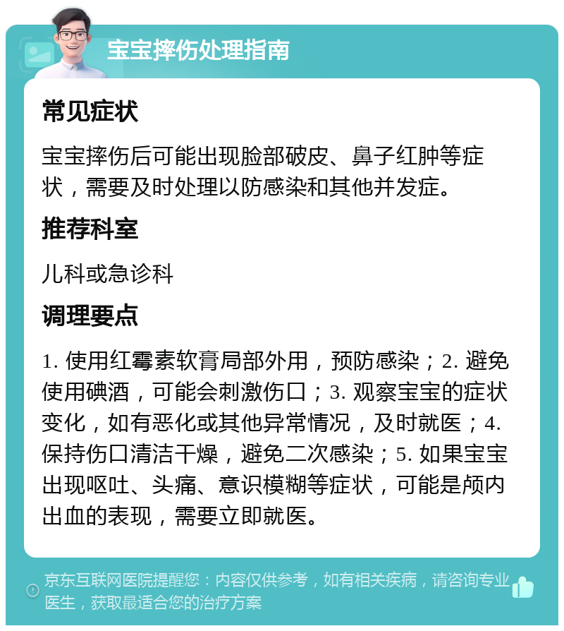 宝宝摔伤处理指南 常见症状 宝宝摔伤后可能出现脸部破皮、鼻子红肿等症状，需要及时处理以防感染和其他并发症。 推荐科室 儿科或急诊科 调理要点 1. 使用红霉素软膏局部外用，预防感染；2. 避免使用碘酒，可能会刺激伤口；3. 观察宝宝的症状变化，如有恶化或其他异常情况，及时就医；4. 保持伤口清洁干燥，避免二次感染；5. 如果宝宝出现呕吐、头痛、意识模糊等症状，可能是颅内出血的表现，需要立即就医。