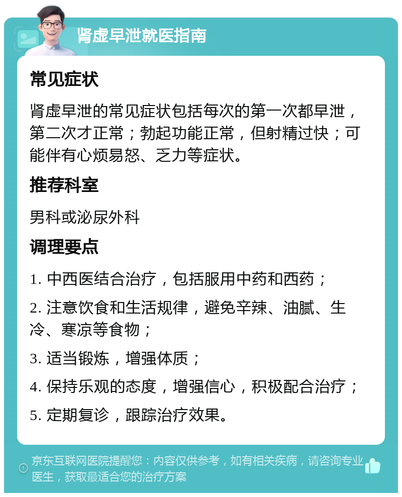 肾虚早泄就医指南 常见症状 肾虚早泄的常见症状包括每次的第一次都早泄，第二次才正常；勃起功能正常，但射精过快；可能伴有心烦易怒、乏力等症状。 推荐科室 男科或泌尿外科 调理要点 1. 中西医结合治疗，包括服用中药和西药； 2. 注意饮食和生活规律，避免辛辣、油腻、生冷、寒凉等食物； 3. 适当锻炼，增强体质； 4. 保持乐观的态度，增强信心，积极配合治疗； 5. 定期复诊，跟踪治疗效果。