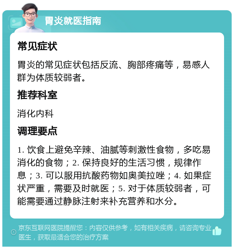 胃炎就医指南 常见症状 胃炎的常见症状包括反流、胸部疼痛等，易感人群为体质较弱者。 推荐科室 消化内科 调理要点 1. 饮食上避免辛辣、油腻等刺激性食物，多吃易消化的食物；2. 保持良好的生活习惯，规律作息；3. 可以服用抗酸药物如奥美拉唑；4. 如果症状严重，需要及时就医；5. 对于体质较弱者，可能需要通过静脉注射来补充营养和水分。