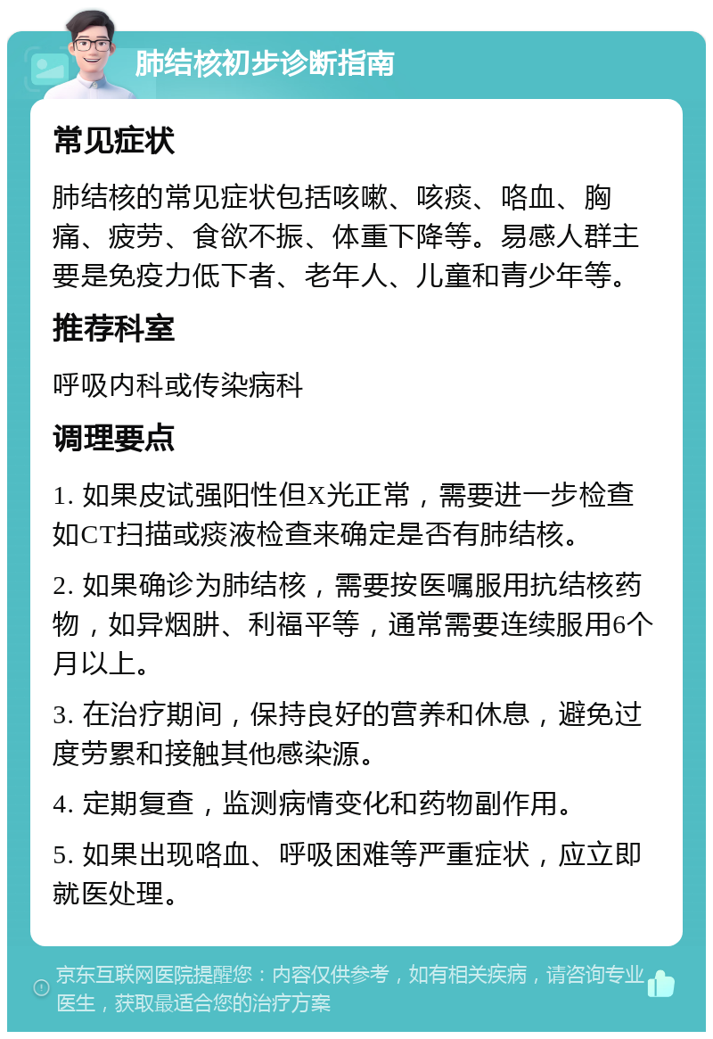 肺结核初步诊断指南 常见症状 肺结核的常见症状包括咳嗽、咳痰、咯血、胸痛、疲劳、食欲不振、体重下降等。易感人群主要是免疫力低下者、老年人、儿童和青少年等。 推荐科室 呼吸内科或传染病科 调理要点 1. 如果皮试强阳性但X光正常，需要进一步检查如CT扫描或痰液检查来确定是否有肺结核。 2. 如果确诊为肺结核，需要按医嘱服用抗结核药物，如异烟肼、利福平等，通常需要连续服用6个月以上。 3. 在治疗期间，保持良好的营养和休息，避免过度劳累和接触其他感染源。 4. 定期复查，监测病情变化和药物副作用。 5. 如果出现咯血、呼吸困难等严重症状，应立即就医处理。