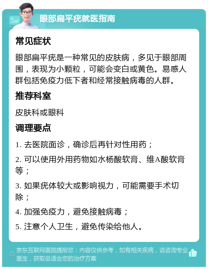 眼部扁平疣就医指南 常见症状 眼部扁平疣是一种常见的皮肤病，多见于眼部周围，表现为小颗粒，可能会变白或黄色。易感人群包括免疫力低下者和经常接触病毒的人群。 推荐科室 皮肤科或眼科 调理要点 1. 去医院面诊，确诊后再针对性用药； 2. 可以使用外用药物如水杨酸软膏、维A酸软膏等； 3. 如果疣体较大或影响视力，可能需要手术切除； 4. 加强免疫力，避免接触病毒； 5. 注意个人卫生，避免传染给他人。