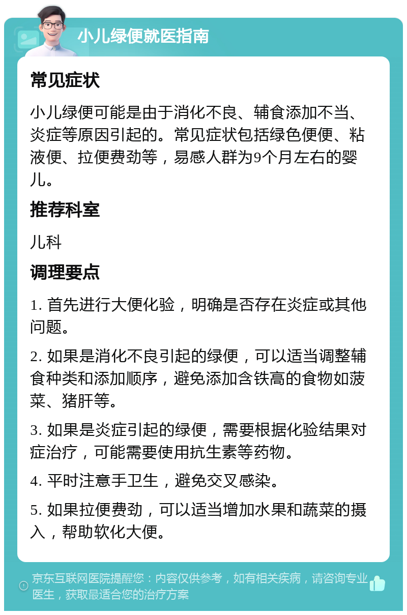 小儿绿便就医指南 常见症状 小儿绿便可能是由于消化不良、辅食添加不当、炎症等原因引起的。常见症状包括绿色便便、粘液便、拉便费劲等，易感人群为9个月左右的婴儿。 推荐科室 儿科 调理要点 1. 首先进行大便化验，明确是否存在炎症或其他问题。 2. 如果是消化不良引起的绿便，可以适当调整辅食种类和添加顺序，避免添加含铁高的食物如菠菜、猪肝等。 3. 如果是炎症引起的绿便，需要根据化验结果对症治疗，可能需要使用抗生素等药物。 4. 平时注意手卫生，避免交叉感染。 5. 如果拉便费劲，可以适当增加水果和蔬菜的摄入，帮助软化大便。