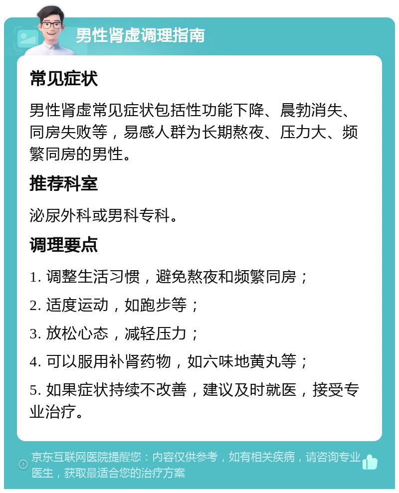 男性肾虚调理指南 常见症状 男性肾虚常见症状包括性功能下降、晨勃消失、同房失败等，易感人群为长期熬夜、压力大、频繁同房的男性。 推荐科室 泌尿外科或男科专科。 调理要点 1. 调整生活习惯，避免熬夜和频繁同房； 2. 适度运动，如跑步等； 3. 放松心态，减轻压力； 4. 可以服用补肾药物，如六味地黄丸等； 5. 如果症状持续不改善，建议及时就医，接受专业治疗。