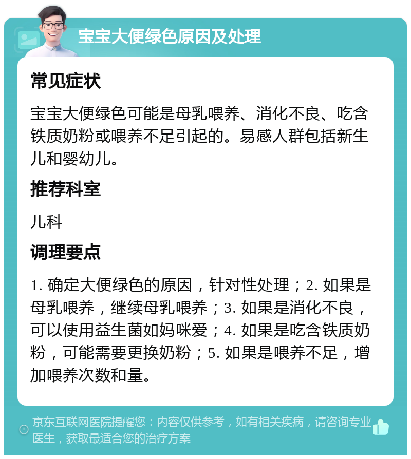 宝宝大便绿色原因及处理 常见症状 宝宝大便绿色可能是母乳喂养、消化不良、吃含铁质奶粉或喂养不足引起的。易感人群包括新生儿和婴幼儿。 推荐科室 儿科 调理要点 1. 确定大便绿色的原因，针对性处理；2. 如果是母乳喂养，继续母乳喂养；3. 如果是消化不良，可以使用益生菌如妈咪爱；4. 如果是吃含铁质奶粉，可能需要更换奶粉；5. 如果是喂养不足，增加喂养次数和量。