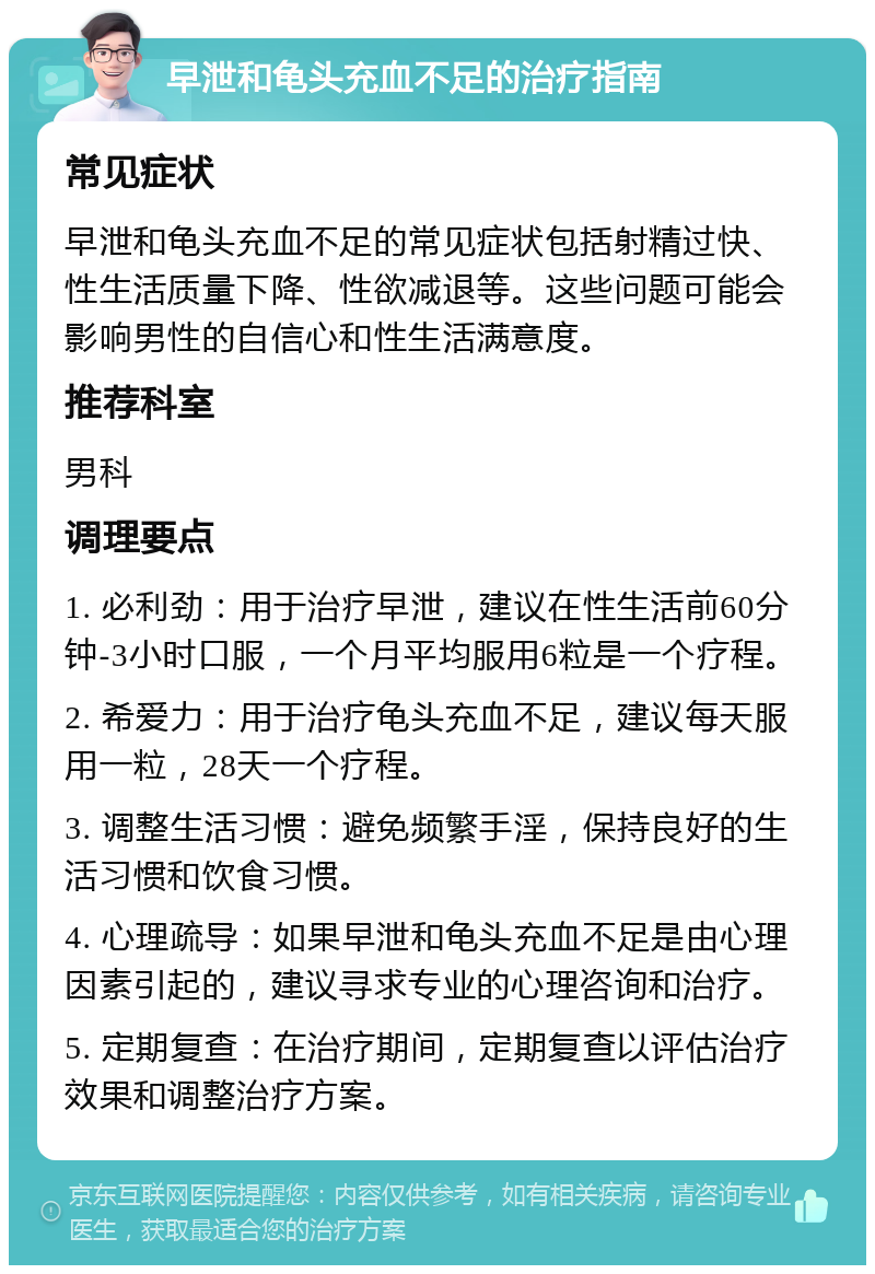 早泄和龟头充血不足的治疗指南 常见症状 早泄和龟头充血不足的常见症状包括射精过快、性生活质量下降、性欲减退等。这些问题可能会影响男性的自信心和性生活满意度。 推荐科室 男科 调理要点 1. 必利劲：用于治疗早泄，建议在性生活前60分钟-3小时口服，一个月平均服用6粒是一个疗程。 2. 希爱力：用于治疗龟头充血不足，建议每天服用一粒，28天一个疗程。 3. 调整生活习惯：避免频繁手淫，保持良好的生活习惯和饮食习惯。 4. 心理疏导：如果早泄和龟头充血不足是由心理因素引起的，建议寻求专业的心理咨询和治疗。 5. 定期复查：在治疗期间，定期复查以评估治疗效果和调整治疗方案。