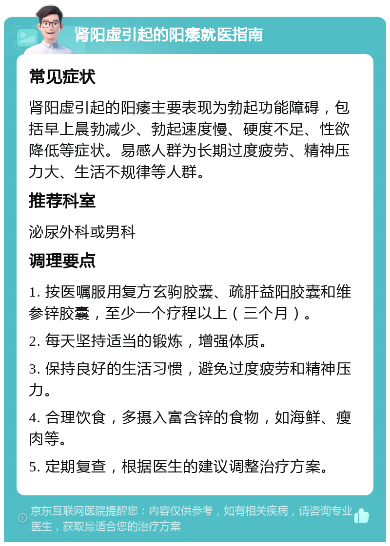 肾阳虚引起的阳痿就医指南 常见症状 肾阳虚引起的阳痿主要表现为勃起功能障碍，包括早上晨勃减少、勃起速度慢、硬度不足、性欲降低等症状。易感人群为长期过度疲劳、精神压力大、生活不规律等人群。 推荐科室 泌尿外科或男科 调理要点 1. 按医嘱服用复方玄驹胶囊、疏肝益阳胶囊和维参锌胶囊，至少一个疗程以上（三个月）。 2. 每天坚持适当的锻炼，增强体质。 3. 保持良好的生活习惯，避免过度疲劳和精神压力。 4. 合理饮食，多摄入富含锌的食物，如海鲜、瘦肉等。 5. 定期复查，根据医生的建议调整治疗方案。