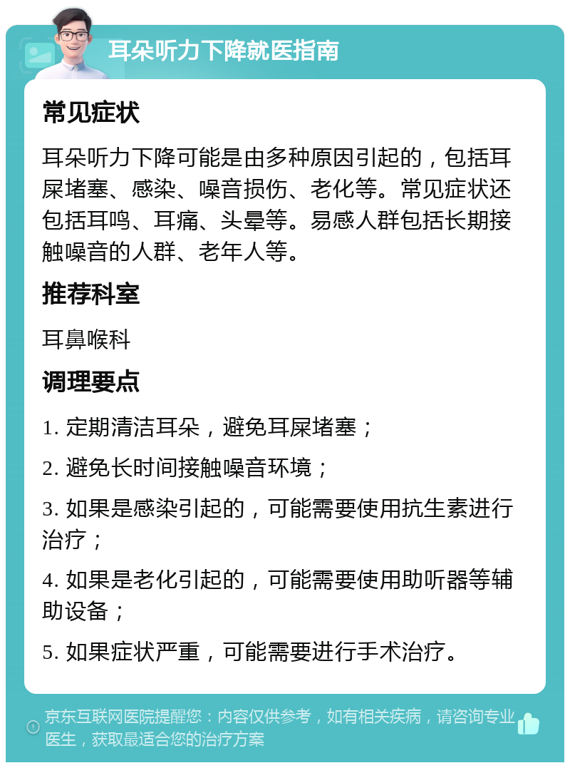 耳朵听力下降就医指南 常见症状 耳朵听力下降可能是由多种原因引起的，包括耳屎堵塞、感染、噪音损伤、老化等。常见症状还包括耳鸣、耳痛、头晕等。易感人群包括长期接触噪音的人群、老年人等。 推荐科室 耳鼻喉科 调理要点 1. 定期清洁耳朵，避免耳屎堵塞； 2. 避免长时间接触噪音环境； 3. 如果是感染引起的，可能需要使用抗生素进行治疗； 4. 如果是老化引起的，可能需要使用助听器等辅助设备； 5. 如果症状严重，可能需要进行手术治疗。