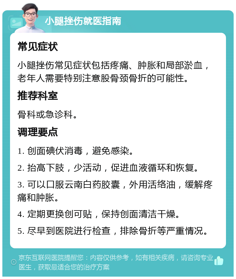 小腿挫伤就医指南 常见症状 小腿挫伤常见症状包括疼痛、肿胀和局部淤血，老年人需要特别注意股骨颈骨折的可能性。 推荐科室 骨科或急诊科。 调理要点 1. 创面碘伏消毒，避免感染。 2. 抬高下肢，少活动，促进血液循环和恢复。 3. 可以口服云南白药胶囊，外用活络油，缓解疼痛和肿胀。 4. 定期更换创可贴，保持创面清洁干燥。 5. 尽早到医院进行检查，排除骨折等严重情况。