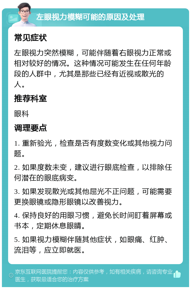 左眼视力模糊可能的原因及处理 常见症状 左眼视力突然模糊，可能伴随着右眼视力正常或相对较好的情况。这种情况可能发生在任何年龄段的人群中，尤其是那些已经有近视或散光的人。 推荐科室 眼科 调理要点 1. 重新验光，检查是否有度数变化或其他视力问题。 2. 如果度数未变，建议进行眼底检查，以排除任何潜在的眼底病变。 3. 如果发现散光或其他屈光不正问题，可能需要更换眼镜或隐形眼镜以改善视力。 4. 保持良好的用眼习惯，避免长时间盯着屏幕或书本，定期休息眼睛。 5. 如果视力模糊伴随其他症状，如眼痛、红肿、流泪等，应立即就医。