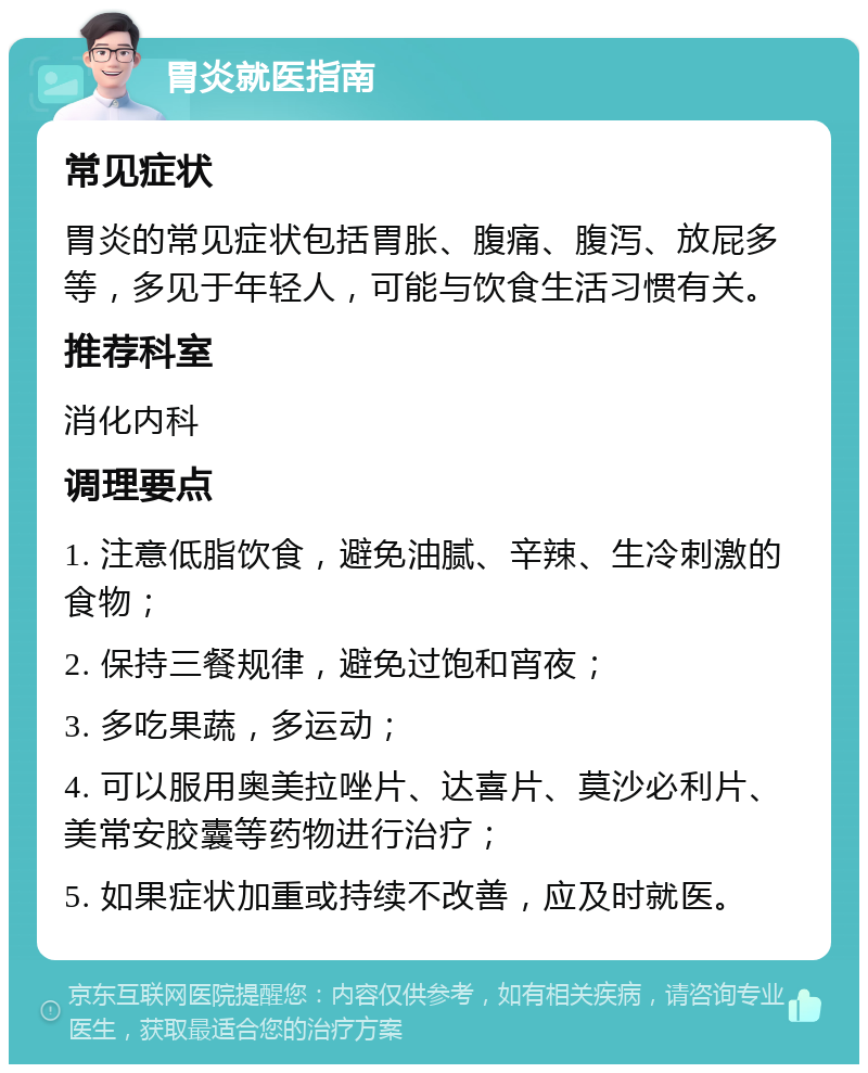 胃炎就医指南 常见症状 胃炎的常见症状包括胃胀、腹痛、腹泻、放屁多等，多见于年轻人，可能与饮食生活习惯有关。 推荐科室 消化内科 调理要点 1. 注意低脂饮食，避免油腻、辛辣、生冷刺激的食物； 2. 保持三餐规律，避免过饱和宵夜； 3. 多吃果蔬，多运动； 4. 可以服用奥美拉唑片、达喜片、莫沙必利片、美常安胶囊等药物进行治疗； 5. 如果症状加重或持续不改善，应及时就医。