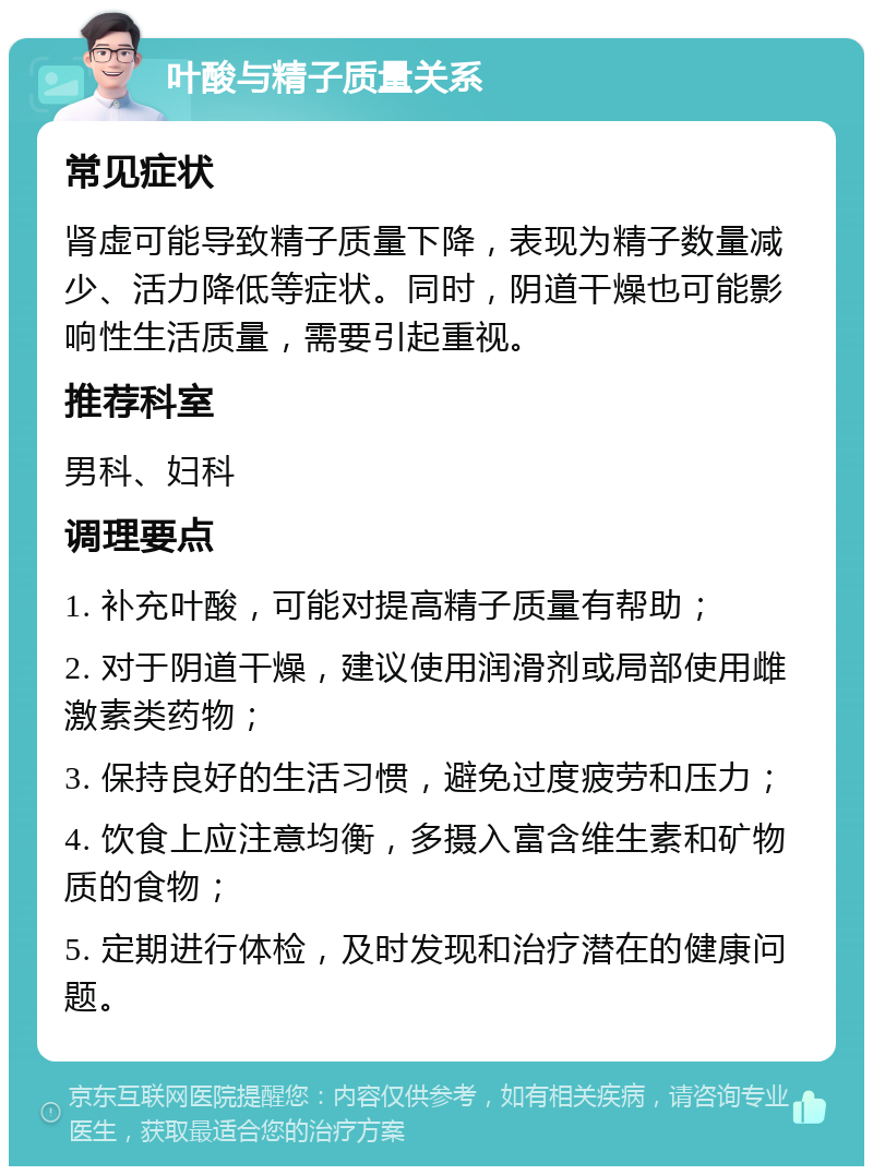 叶酸与精子质量关系 常见症状 肾虚可能导致精子质量下降，表现为精子数量减少、活力降低等症状。同时，阴道干燥也可能影响性生活质量，需要引起重视。 推荐科室 男科、妇科 调理要点 1. 补充叶酸，可能对提高精子质量有帮助； 2. 对于阴道干燥，建议使用润滑剂或局部使用雌激素类药物； 3. 保持良好的生活习惯，避免过度疲劳和压力； 4. 饮食上应注意均衡，多摄入富含维生素和矿物质的食物； 5. 定期进行体检，及时发现和治疗潜在的健康问题。