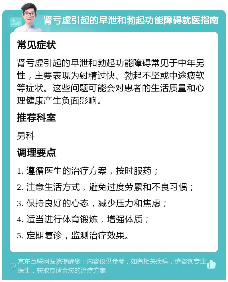 肾亏虚引起的早泄和勃起功能障碍就医指南 常见症状 肾亏虚引起的早泄和勃起功能障碍常见于中年男性，主要表现为射精过快、勃起不坚或中途疲软等症状。这些问题可能会对患者的生活质量和心理健康产生负面影响。 推荐科室 男科 调理要点 1. 遵循医生的治疗方案，按时服药； 2. 注意生活方式，避免过度劳累和不良习惯； 3. 保持良好的心态，减少压力和焦虑； 4. 适当进行体育锻炼，增强体质； 5. 定期复诊，监测治疗效果。