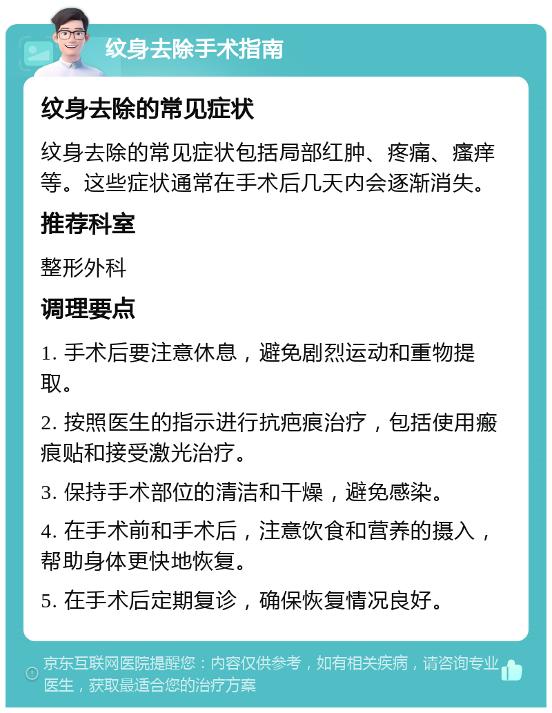 纹身去除手术指南 纹身去除的常见症状 纹身去除的常见症状包括局部红肿、疼痛、瘙痒等。这些症状通常在手术后几天内会逐渐消失。 推荐科室 整形外科 调理要点 1. 手术后要注意休息，避免剧烈运动和重物提取。 2. 按照医生的指示进行抗疤痕治疗，包括使用瘢痕贴和接受激光治疗。 3. 保持手术部位的清洁和干燥，避免感染。 4. 在手术前和手术后，注意饮食和营养的摄入，帮助身体更快地恢复。 5. 在手术后定期复诊，确保恢复情况良好。