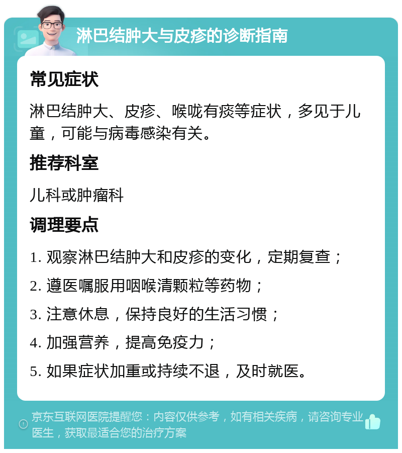 淋巴结肿大与皮疹的诊断指南 常见症状 淋巴结肿大、皮疹、喉咙有痰等症状，多见于儿童，可能与病毒感染有关。 推荐科室 儿科或肿瘤科 调理要点 1. 观察淋巴结肿大和皮疹的变化，定期复查； 2. 遵医嘱服用咽喉清颗粒等药物； 3. 注意休息，保持良好的生活习惯； 4. 加强营养，提高免疫力； 5. 如果症状加重或持续不退，及时就医。