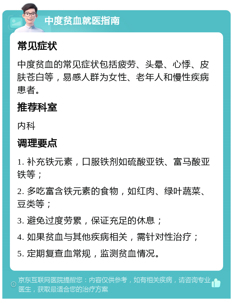 中度贫血就医指南 常见症状 中度贫血的常见症状包括疲劳、头晕、心悸、皮肤苍白等，易感人群为女性、老年人和慢性疾病患者。 推荐科室 内科 调理要点 1. 补充铁元素，口服铁剂如硫酸亚铁、富马酸亚铁等； 2. 多吃富含铁元素的食物，如红肉、绿叶蔬菜、豆类等； 3. 避免过度劳累，保证充足的休息； 4. 如果贫血与其他疾病相关，需针对性治疗； 5. 定期复查血常规，监测贫血情况。