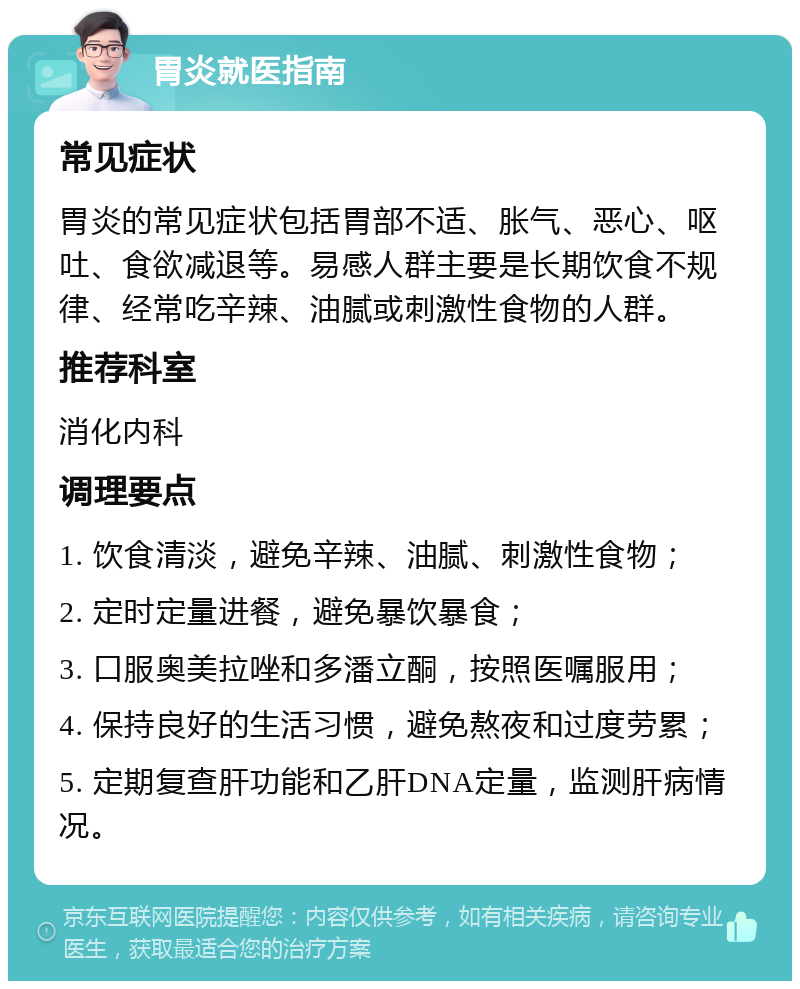 胃炎就医指南 常见症状 胃炎的常见症状包括胃部不适、胀气、恶心、呕吐、食欲减退等。易感人群主要是长期饮食不规律、经常吃辛辣、油腻或刺激性食物的人群。 推荐科室 消化内科 调理要点 1. 饮食清淡，避免辛辣、油腻、刺激性食物； 2. 定时定量进餐，避免暴饮暴食； 3. 口服奥美拉唑和多潘立酮，按照医嘱服用； 4. 保持良好的生活习惯，避免熬夜和过度劳累； 5. 定期复查肝功能和乙肝DNA定量，监测肝病情况。